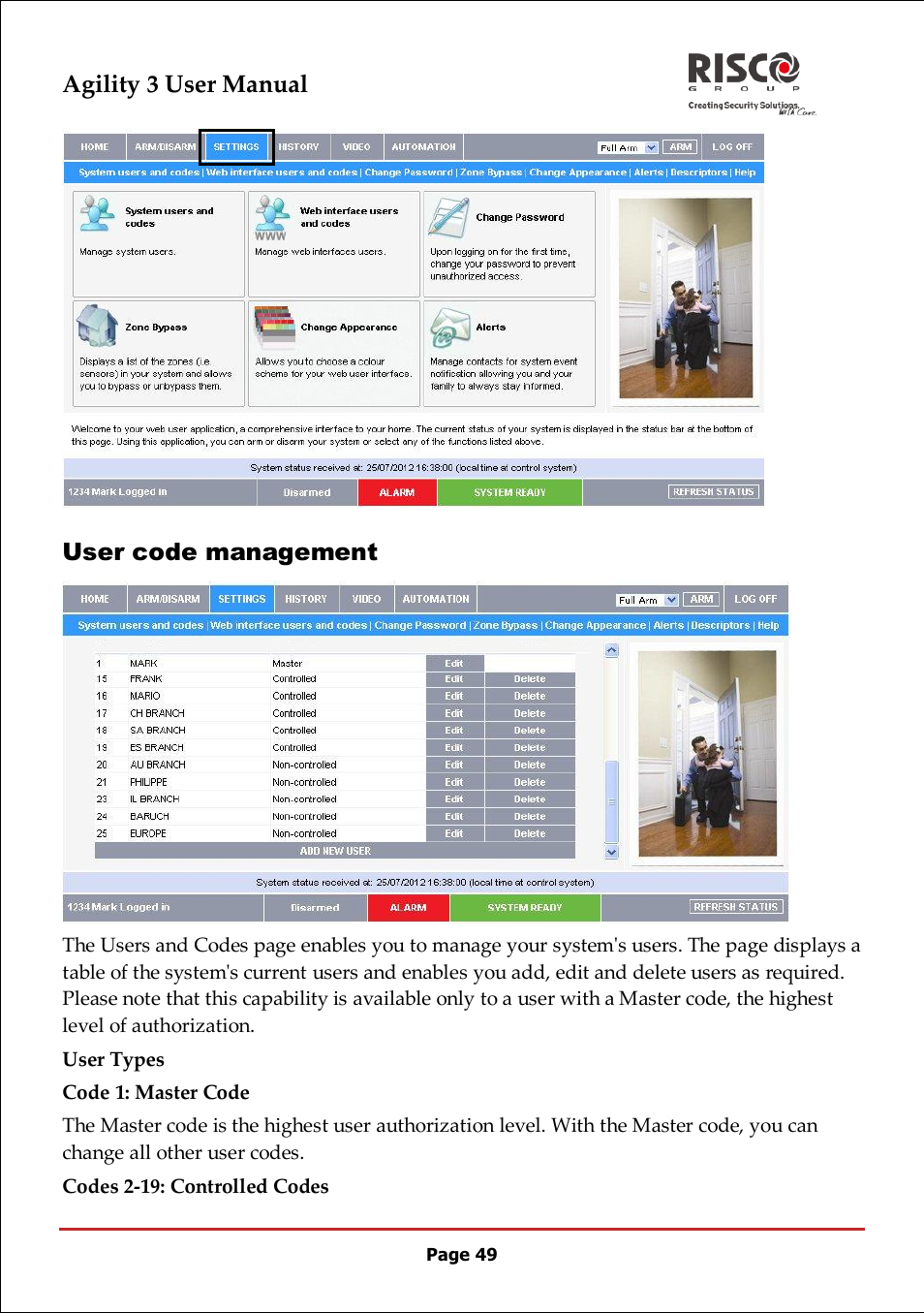 Agility 3 user manual, User code management | RISCO Group 5IN2047 Agility3 Full User Manual UK.pdf User Manual | Page 49 / 60