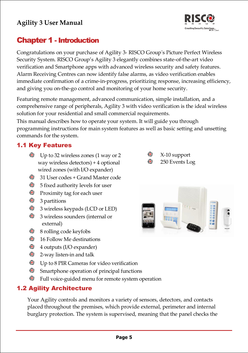 Chapter 1 - introduction, 1 key features, 2 agility architecture | Chapter 1, Introduction, Agility 3 user manual | RISCO Group 5IN2047 Agility3 Full User Manual UK.pdf User Manual | Page 5 / 60