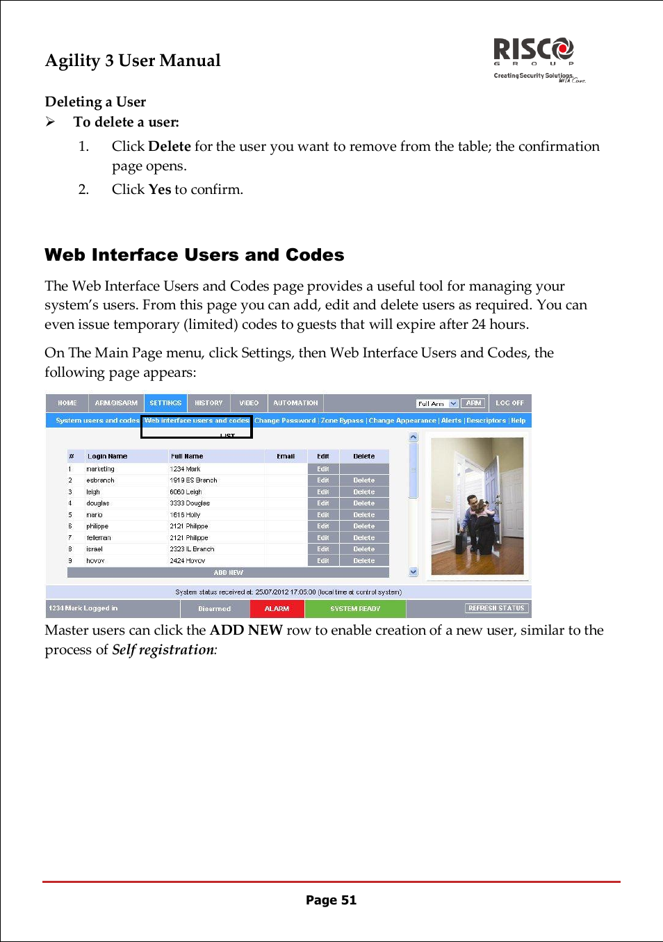 Agility 3 user manual, Web interface users and codes | RISCO Group 5IN2047 Agility3 Full User Manual UK.pdf User Manual | Page 51 / 60