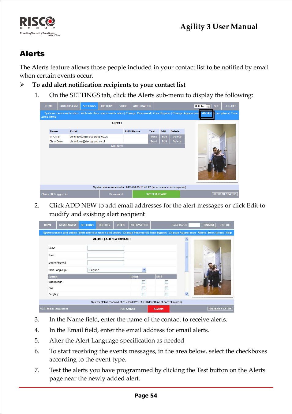 Agility 3 user manual, Alerts | RISCO Group 5IN2047 Agility3 Full User Manual UK.pdf User Manual | Page 54 / 60