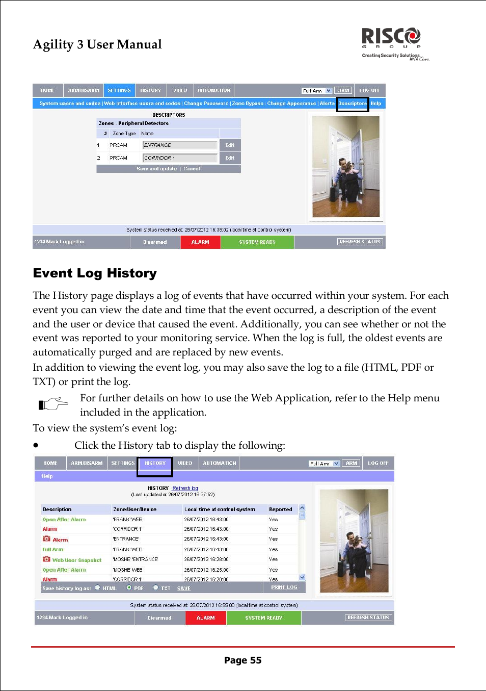 Agility 3 user manual, Event log history | RISCO Group 5IN2047 Agility3 Full User Manual UK.pdf User Manual | Page 55 / 60