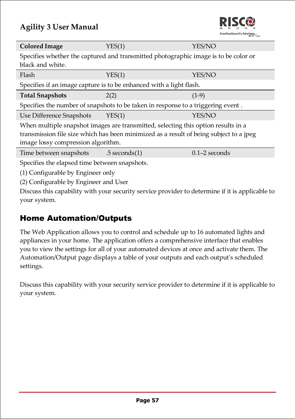 Agility 3 user manual, Home automation/outputs | RISCO Group 5IN2047 Agility3 Full User Manual UK.pdf User Manual | Page 57 / 60