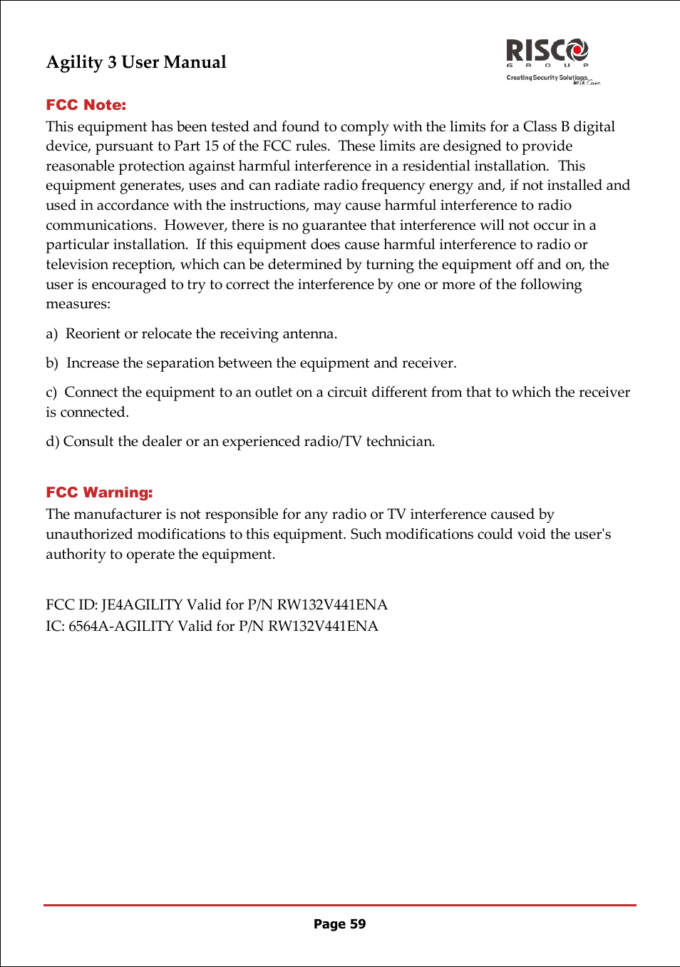 Agility 3 user manual | RISCO Group 5IN2047 Agility3 Full User Manual UK.pdf User Manual | Page 59 / 60