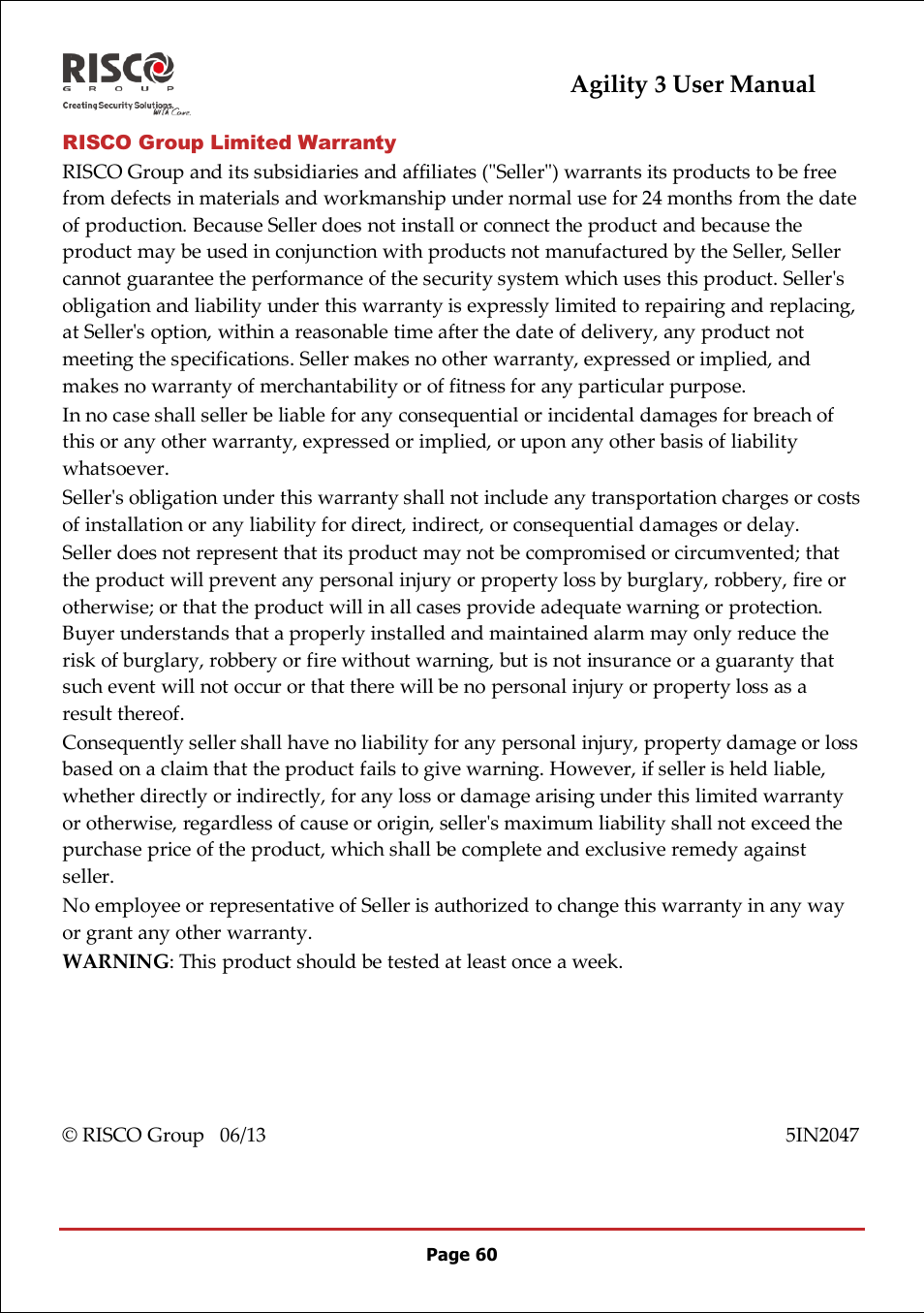 Agility 3 user manual | RISCO Group 5IN2047 Agility3 Full User Manual UK.pdf User Manual | Page 60 / 60