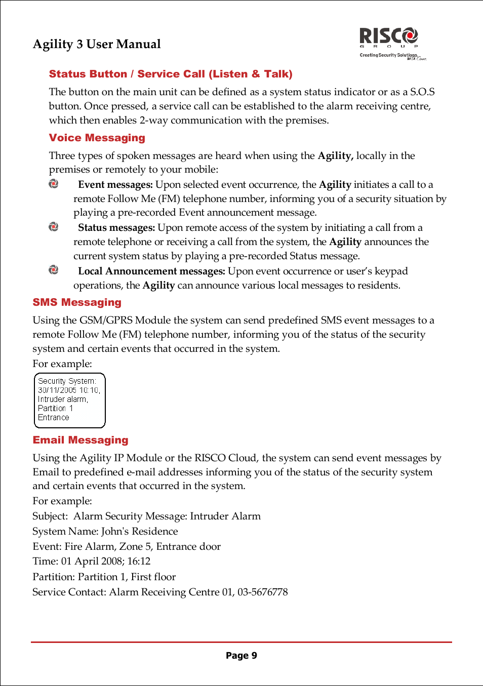 Status button / service call (listen & talk), Voice messaging, Sms messaging | Email messaging, Agility 3 user manual | RISCO Group 5IN2047 Agility3 Full User Manual UK.pdf User Manual | Page 9 / 60