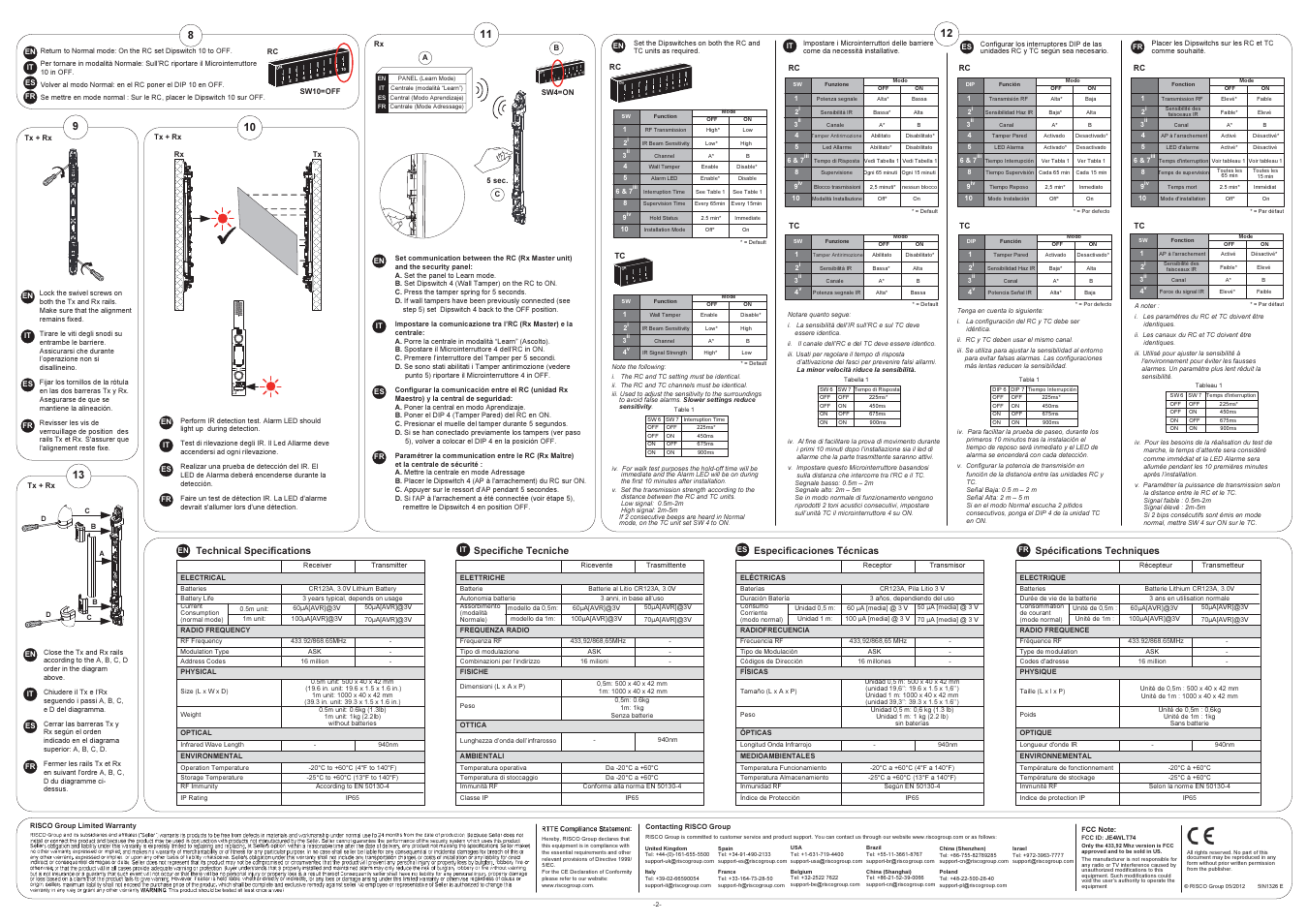 1234 o n, Technical specifications, Specifiche tecniche | Especificaciones técnicas, Spécifications techniques | RISCO Group Wireless IR Beam RWT74 User Manual | Page 2 / 2