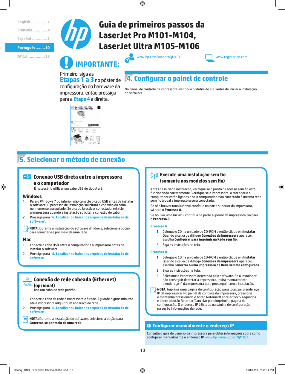 Importante, Etapas 1 a 3, Configurar o painel de controle | Selecionar o método de conexão, Conexão de rede cabeada (ethernet), Primeiro, siga as | HP LaserJet Ultra M106w User Manual | Page 10 / 16