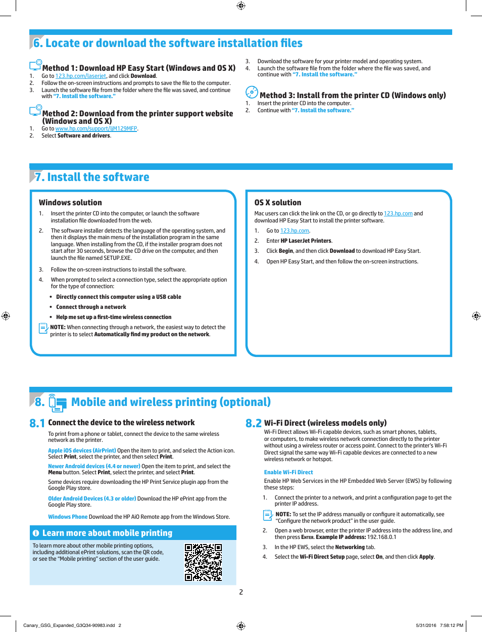 Mobile and wireless printing (optional), Learn more about mobile printing, Os x solution | Method 3: install from the printer cd, Windows only), Windows solution, Connect the device to the wireless network, Wi-fi direct (wireless models only) | HP LaserJet Ultra M106w User Manual | Page 2 / 16