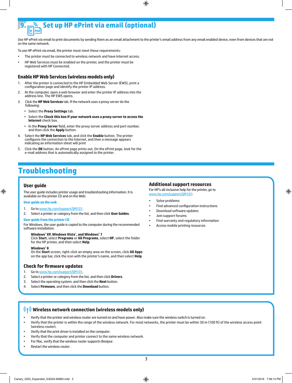 Troubleshooting, Set up hp eprint via email (optional), Wireless network connection (wireless models only) | User guide, Check for firmware updates, Additional support resources, Enable hp web services (wireless models only) | HP LaserJet Ultra M106w User Manual | Page 3 / 16