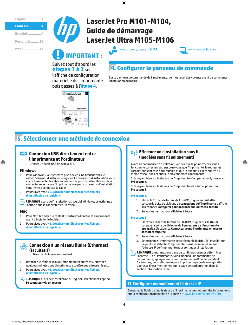 Important, Étapes 1 à 3, Configurer le panneau de commande | Sélectionner une méthode de connexion, Connexion à un réseau filaire (ethernet), Suivez tout d’abord les | HP LaserJet Ultra M106w User Manual | Page 4 / 16