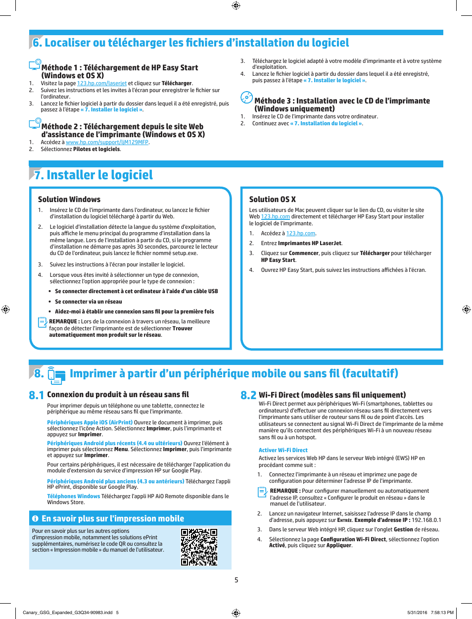 Installer le logiciel, En savoir plus sur l'impression mobile, Solution os x | Solution windows, Connexion du produit à un réseau sans fil, Wi-fi direct (modèles sans fil uniquement) | HP LaserJet Ultra M106w User Manual | Page 5 / 16