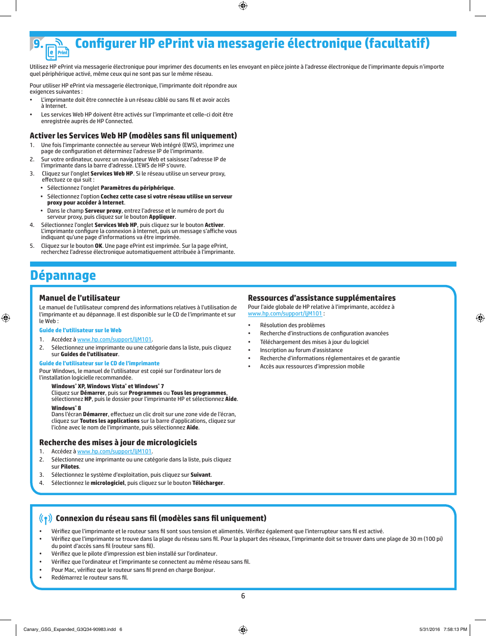 Dépannage, Manuel de l’utilisateur, Recherche des mises à jour de micrologiciels | Ressources d’assistance supplémentaires | HP LaserJet Ultra M106w User Manual | Page 6 / 16