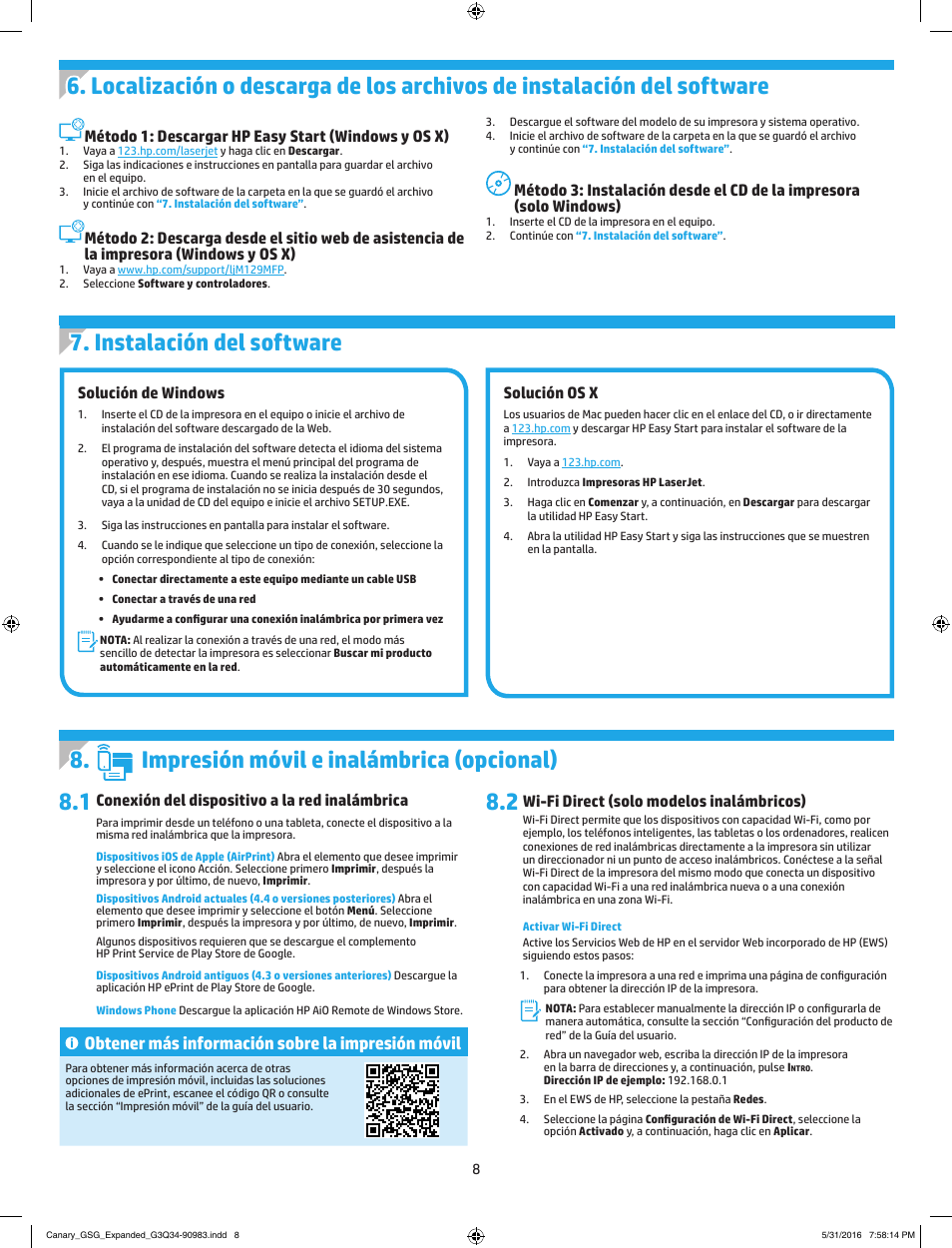 Impresión móvil e inalámbrica (opcional), Obtener más información sobre la impresión móvil, Solución os x | Método 1: descargar hp easy start (windows y os x), Método 3: instalación desde el cd de la impresora, Solo windows), Solución de windows, Conexión del dispositivo a la red inalámbrica, Wi-fi direct (solo modelos inalámbricos) | HP LaserJet Ultra M106w User Manual | Page 8 / 16