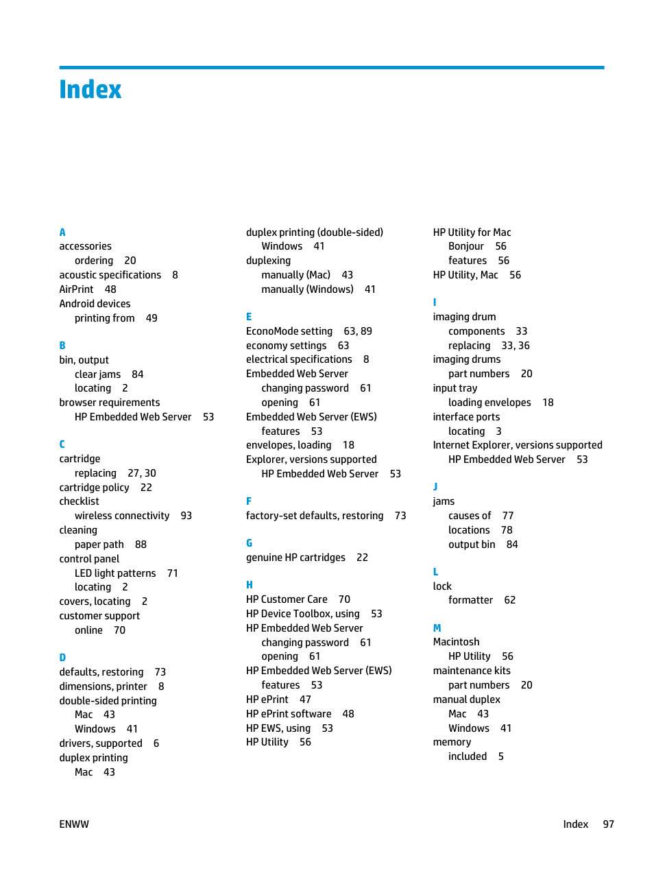 Index | HP LaserJet Ultra M106w User Manual | Page 107 / 110