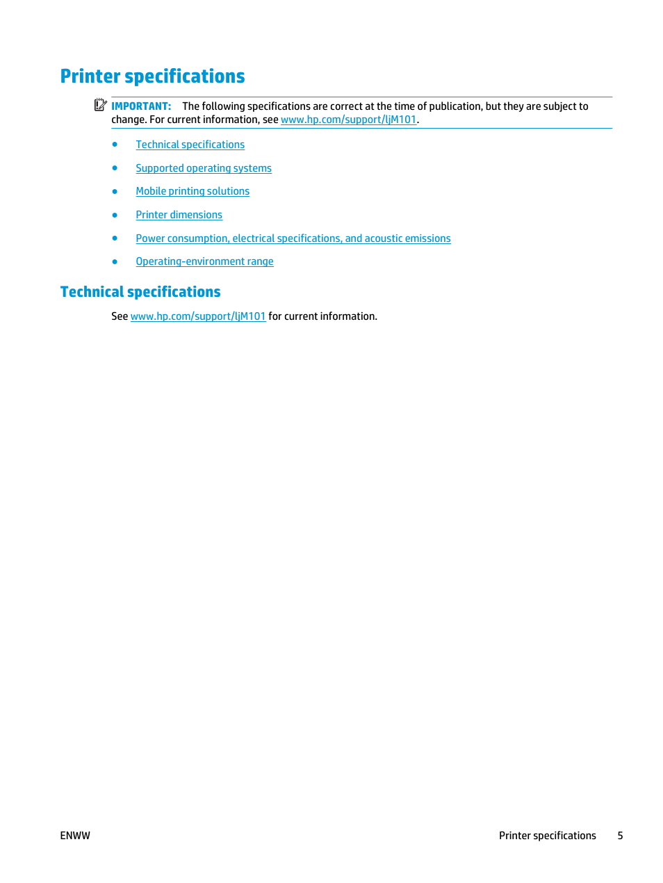 Printer specifications, Technical specifications | HP LaserJet Ultra M106w User Manual | Page 15 / 110