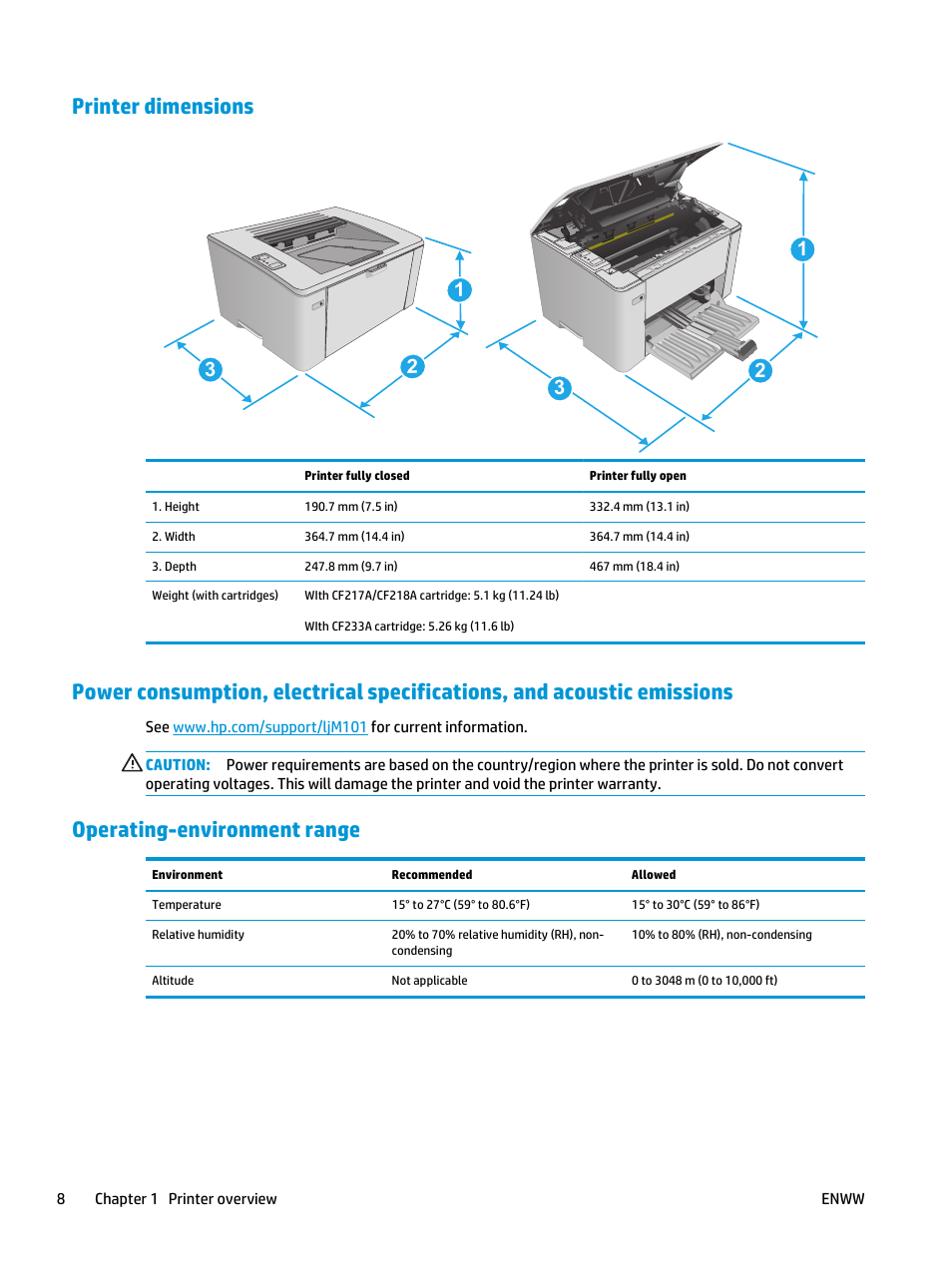 Printer dimensions, Operating-environment range | HP LaserJet Ultra M106w User Manual | Page 18 / 110