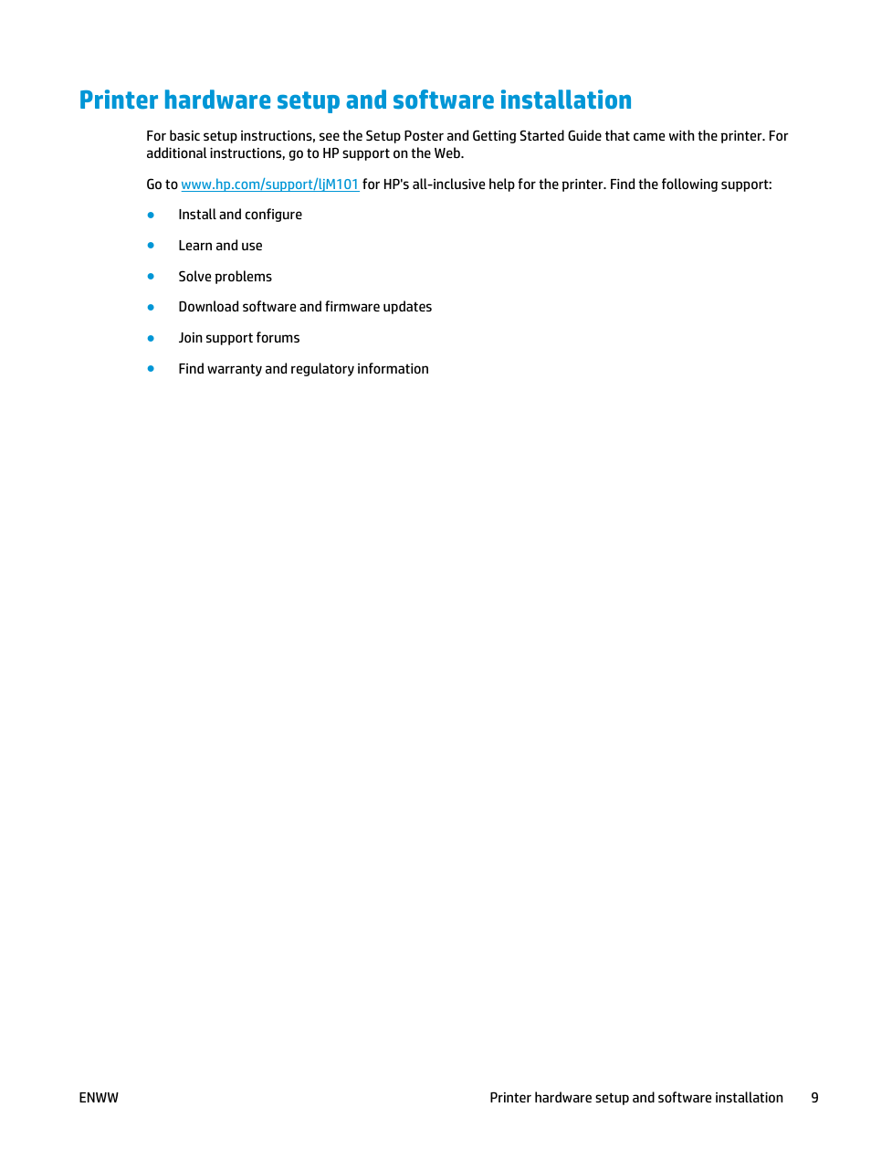 Printer hardware setup and software installation | HP LaserJet Ultra M106w User Manual | Page 19 / 110