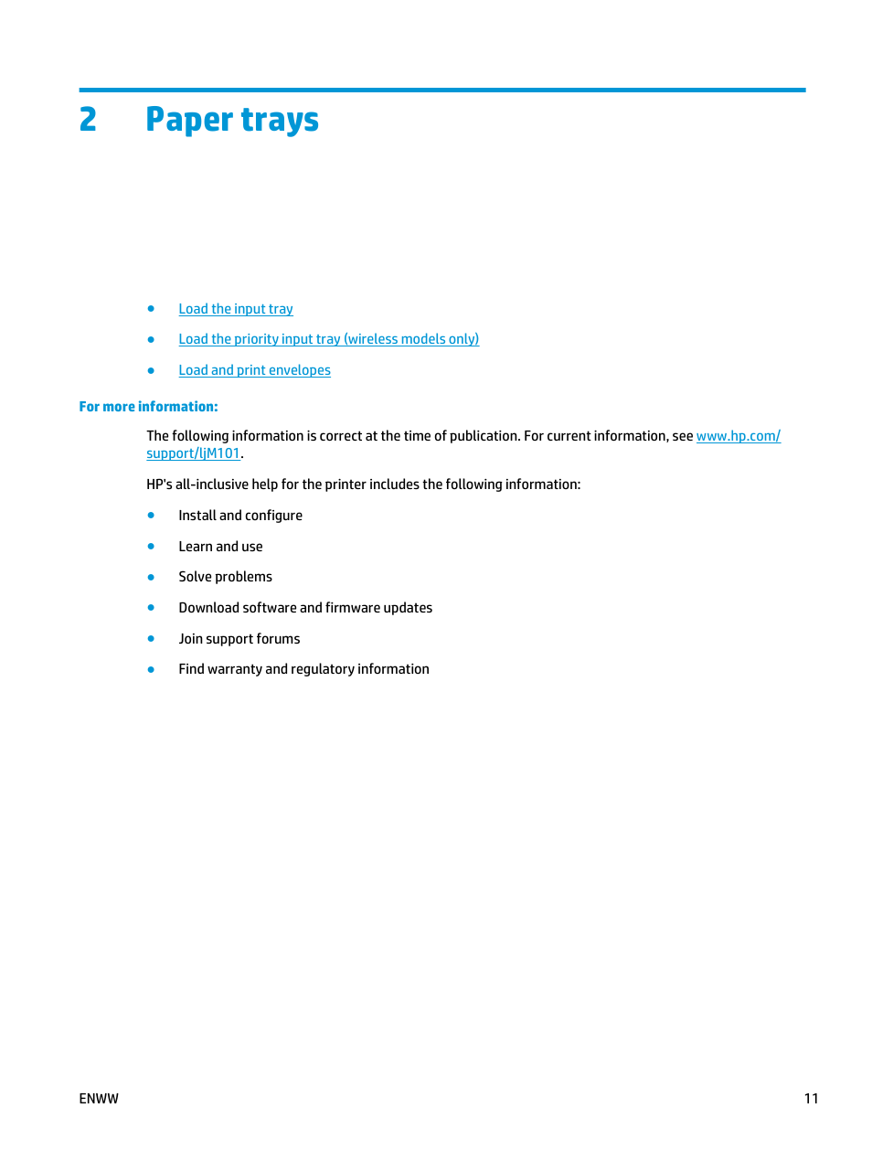 Paper trays, 2 paper trays, 2paper trays | HP LaserJet Ultra M106w User Manual | Page 21 / 110