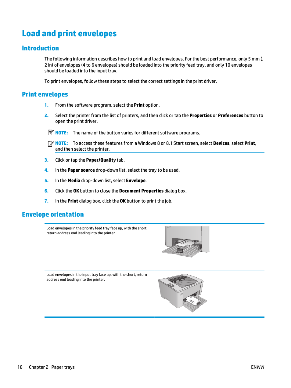 Load and print envelopes, Introduction, Print envelopes | Envelope orientation, Introduction print envelopes envelope orientation | HP LaserJet Ultra M106w User Manual | Page 28 / 110