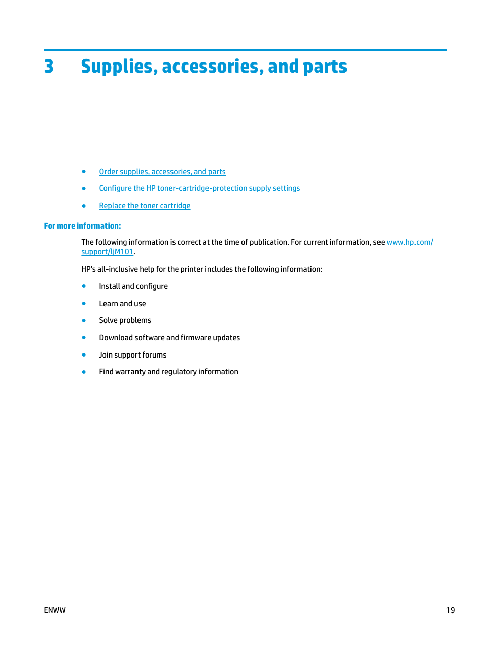 Supplies, accessories, and parts, 3 supplies, accessories, and parts, 3supplies, accessories, and parts | HP LaserJet Ultra M106w User Manual | Page 29 / 110