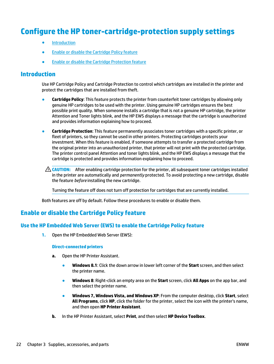 Introduction, Enable or disable the cartridge policy feature | HP LaserJet Ultra M106w User Manual | Page 32 / 110