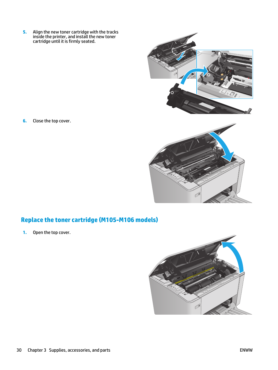 Replace the toner cartridge (m105-m106 models) | HP LaserJet Ultra M106w User Manual | Page 40 / 110