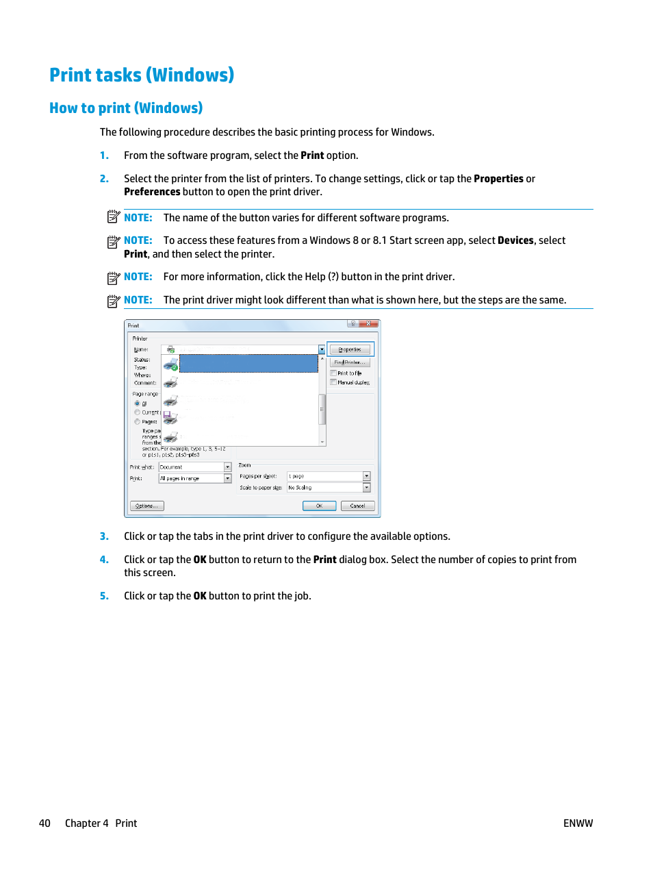 Print tasks (windows), How to print (windows) | HP LaserJet Ultra M106w User Manual | Page 50 / 110