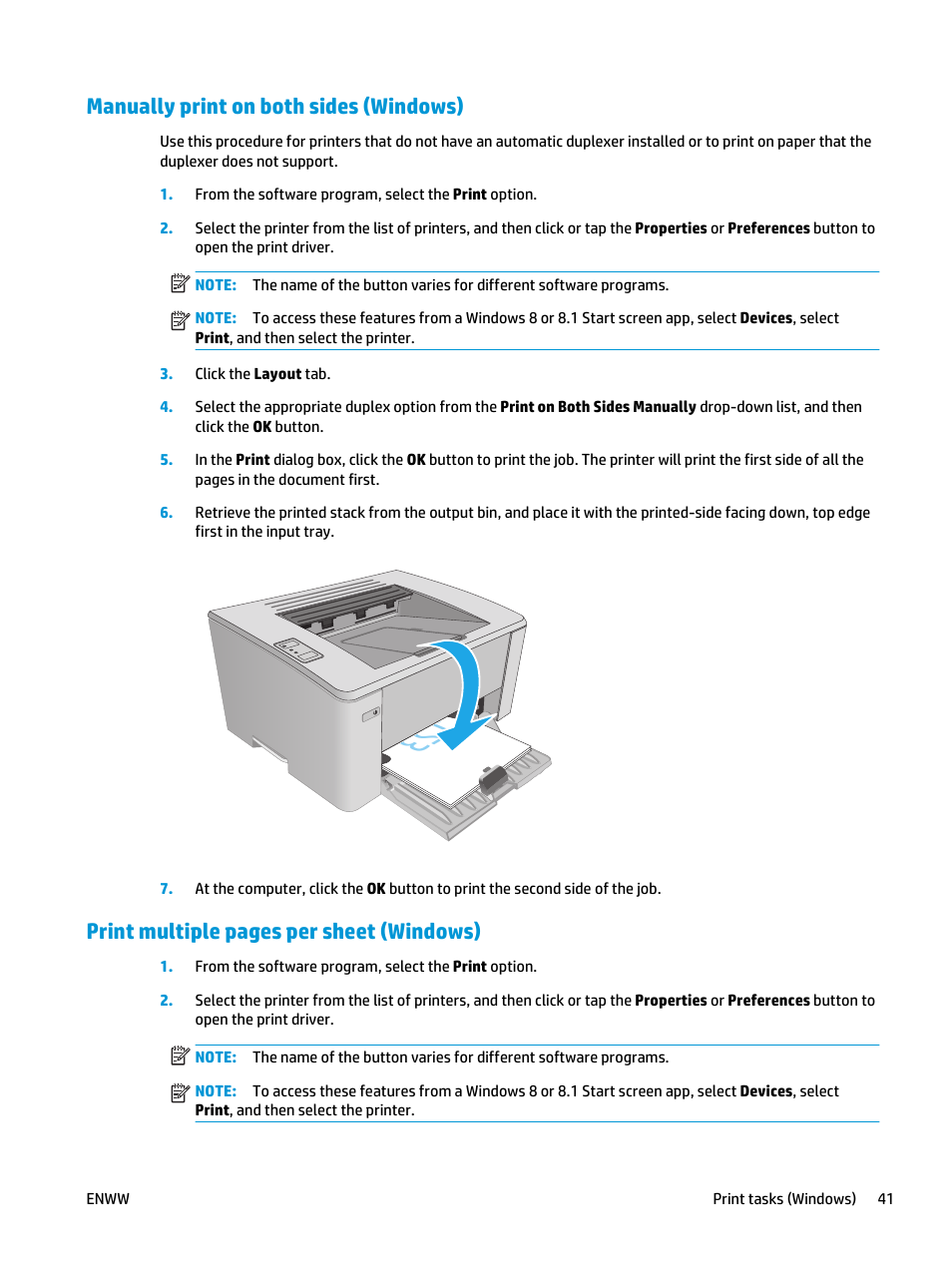 Manually print on both sides (windows), Print multiple pages per sheet (windows) | HP LaserJet Ultra M106w User Manual | Page 51 / 110