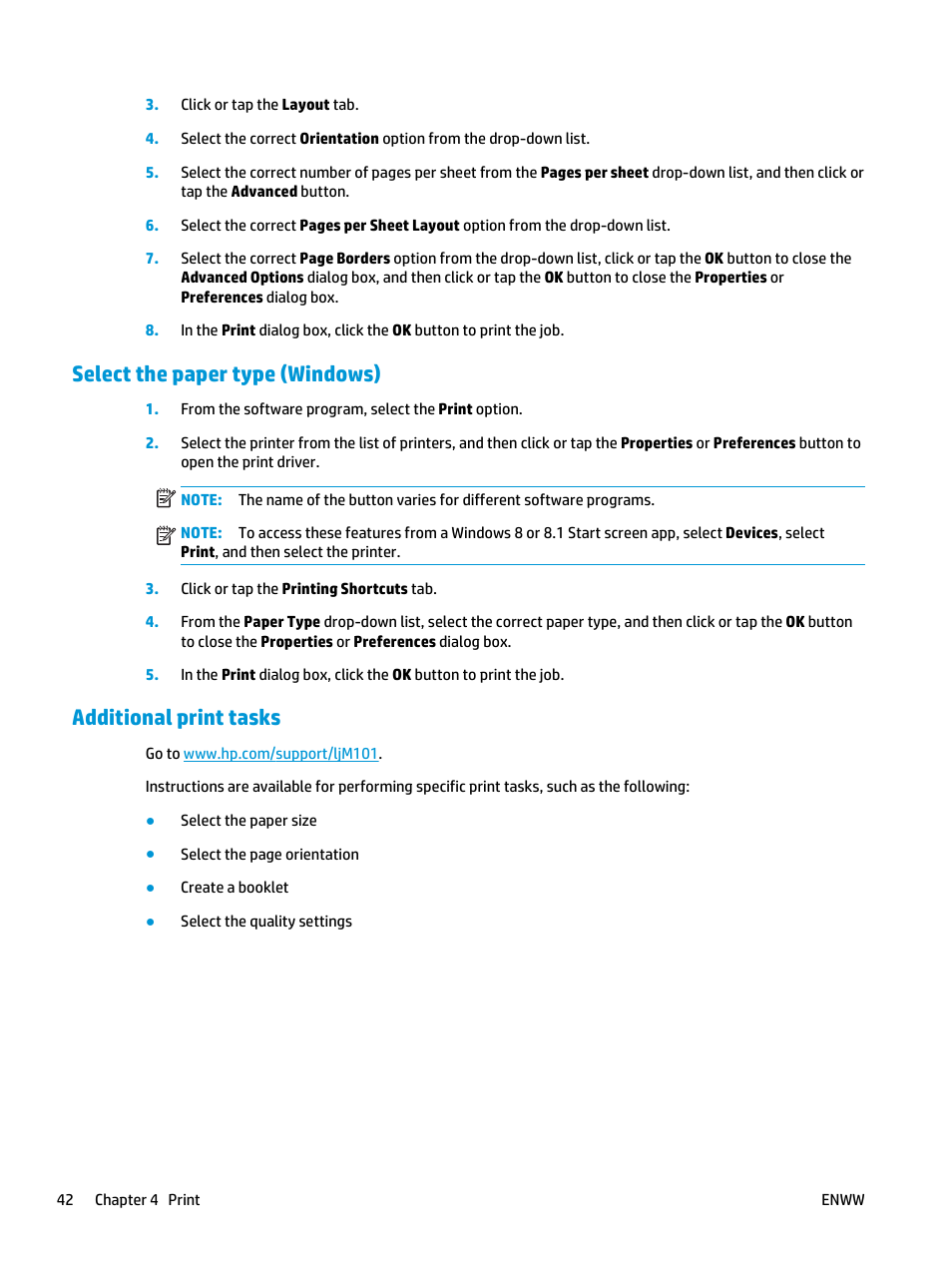 Select the paper type (windows), Additional print tasks | HP LaserJet Ultra M106w User Manual | Page 52 / 110
