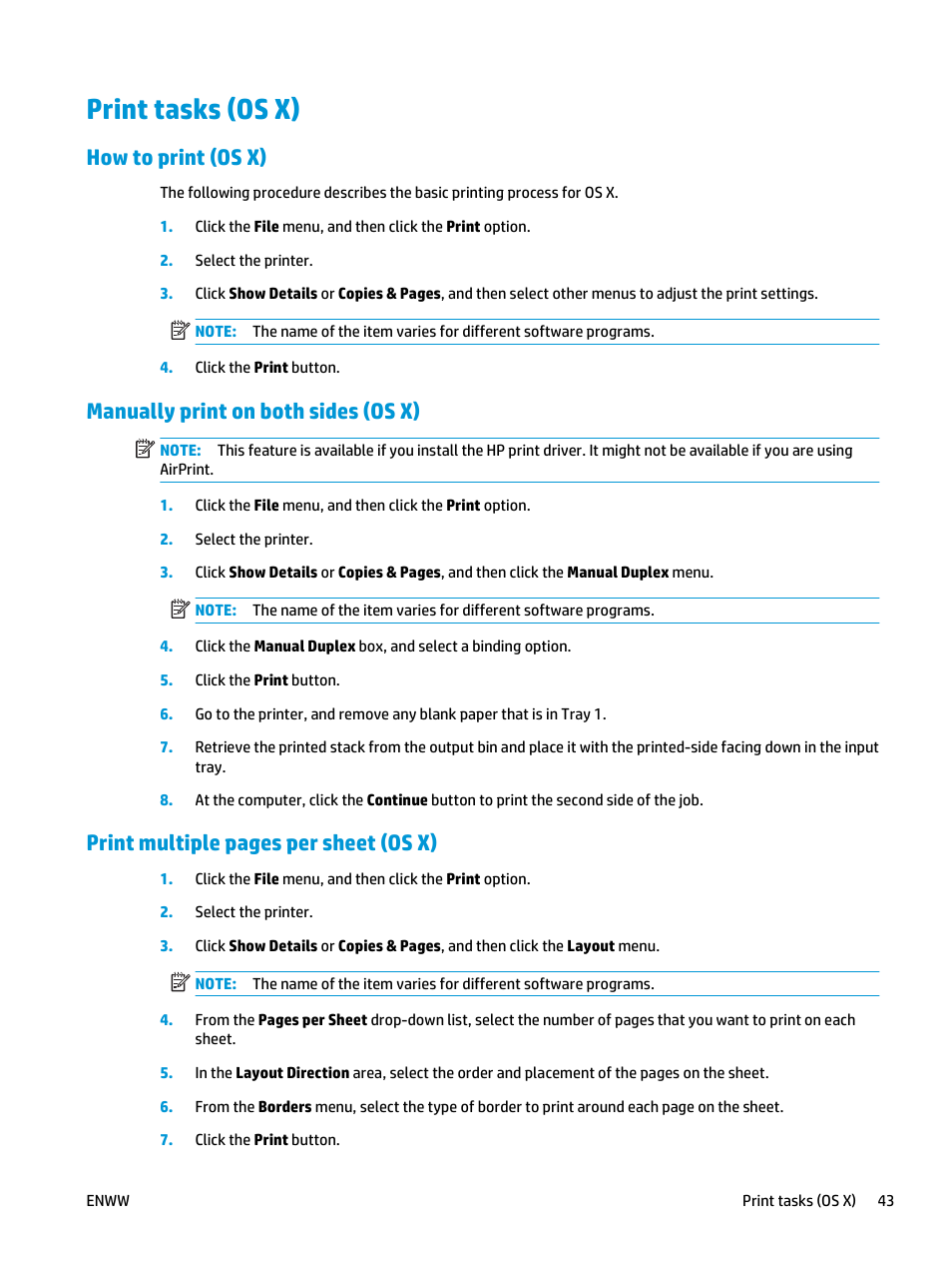 Print tasks (os x), How to print (os x), Manually print on both sides (os x) | Print multiple pages per sheet (os x) | HP LaserJet Ultra M106w User Manual | Page 53 / 110