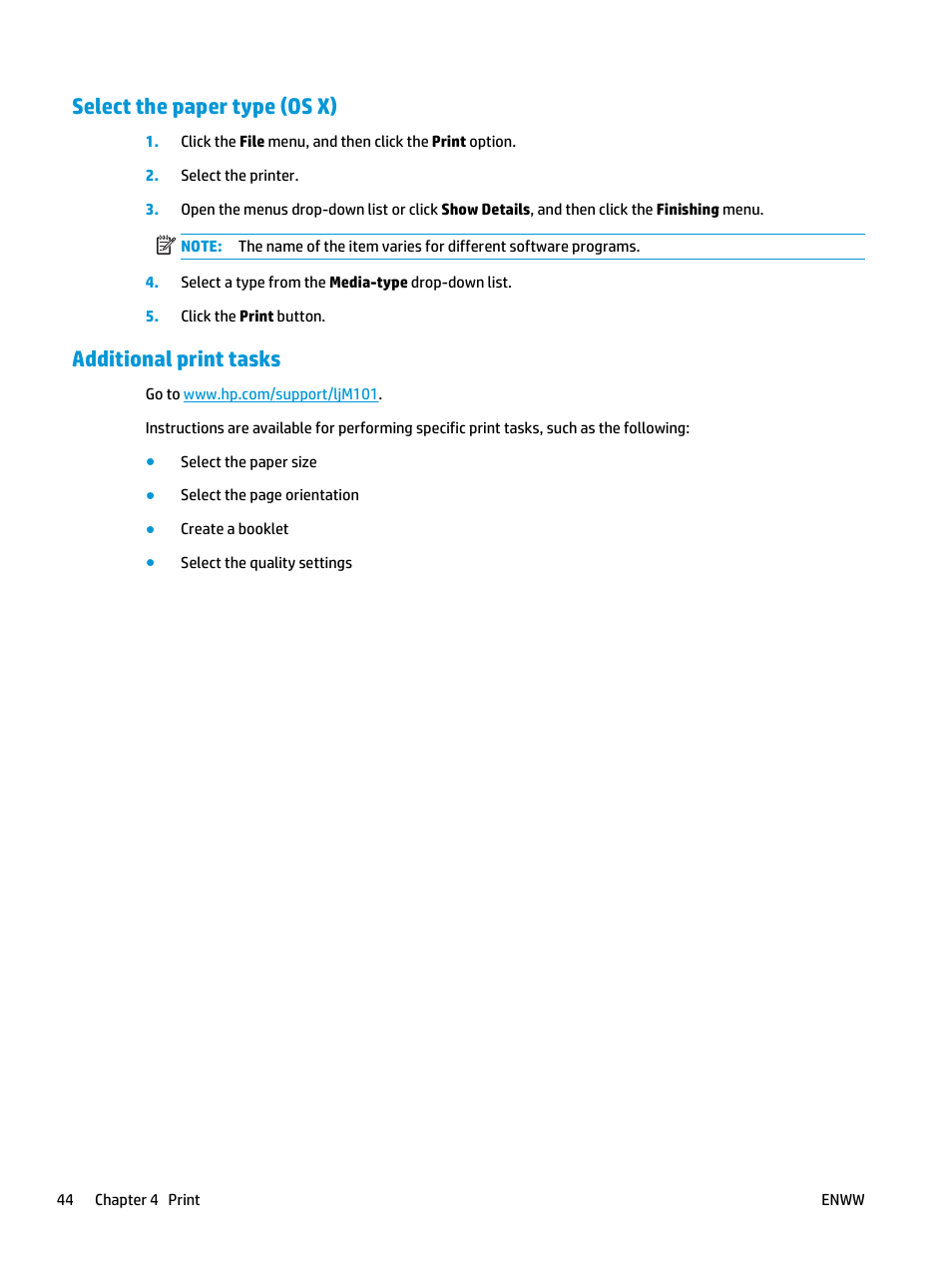 Select the paper type (os x), Additional print tasks | HP LaserJet Ultra M106w User Manual | Page 54 / 110