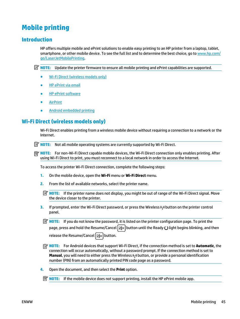 Mobile printing, Introduction, Wi-fi direct (wireless models only) | Introduction wi-fi direct (wireless models only) | HP LaserJet Ultra M106w User Manual | Page 55 / 110