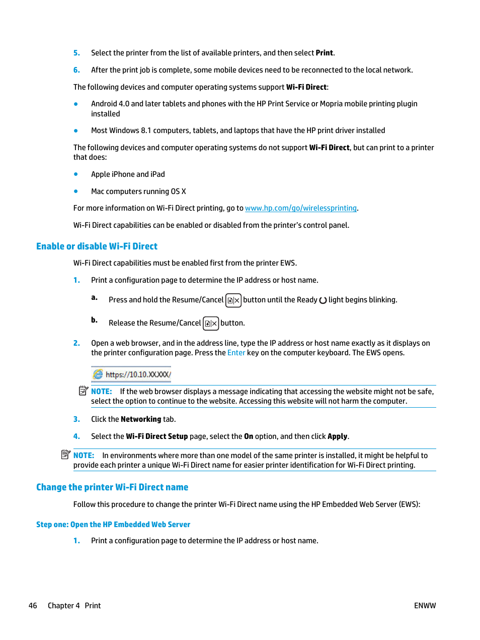 Enable or disable wi-fi direct, Change the printer wi-fi direct name | HP LaserJet Ultra M106w User Manual | Page 56 / 110