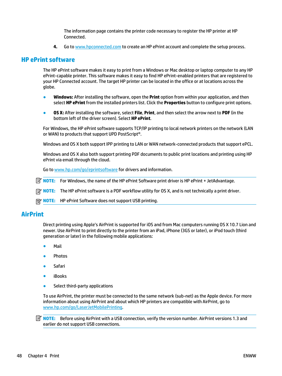 Hp eprint software, Airprint, Hp eprint software airprint | HP LaserJet Ultra M106w User Manual | Page 58 / 110