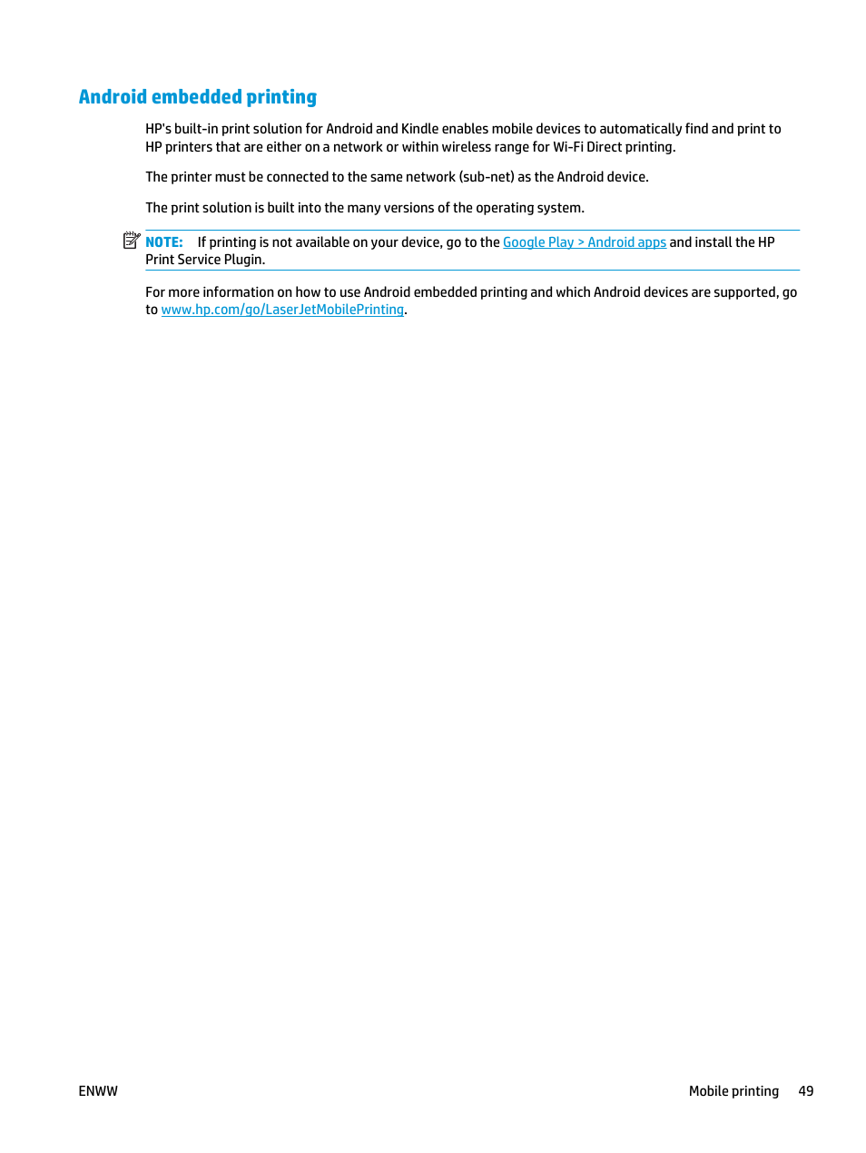 Android embedded printing | HP LaserJet Ultra M106w User Manual | Page 59 / 110