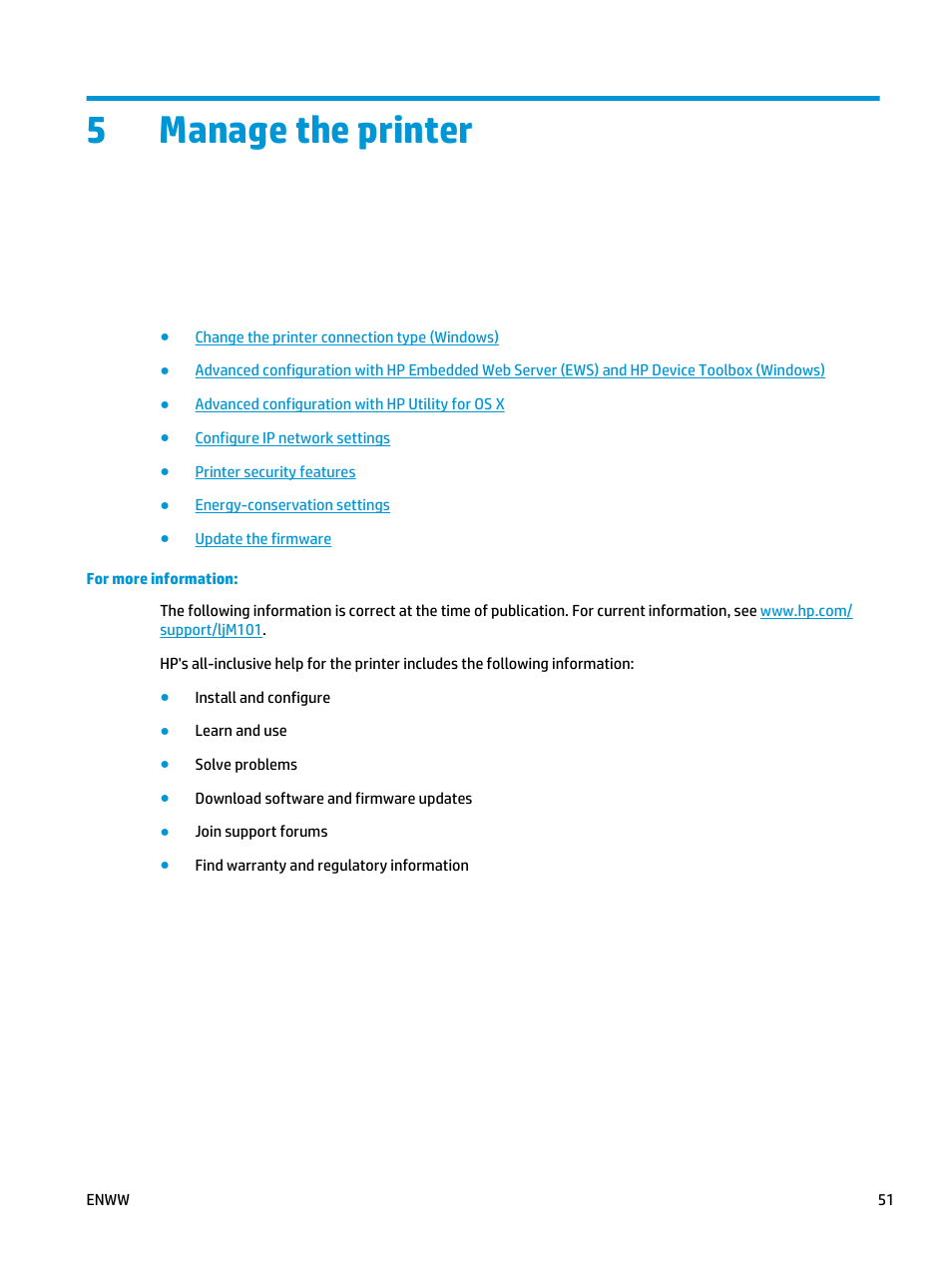 Manage the printer, 5 manage the printer, 5manage the printer | HP LaserJet Ultra M106w User Manual | Page 61 / 110