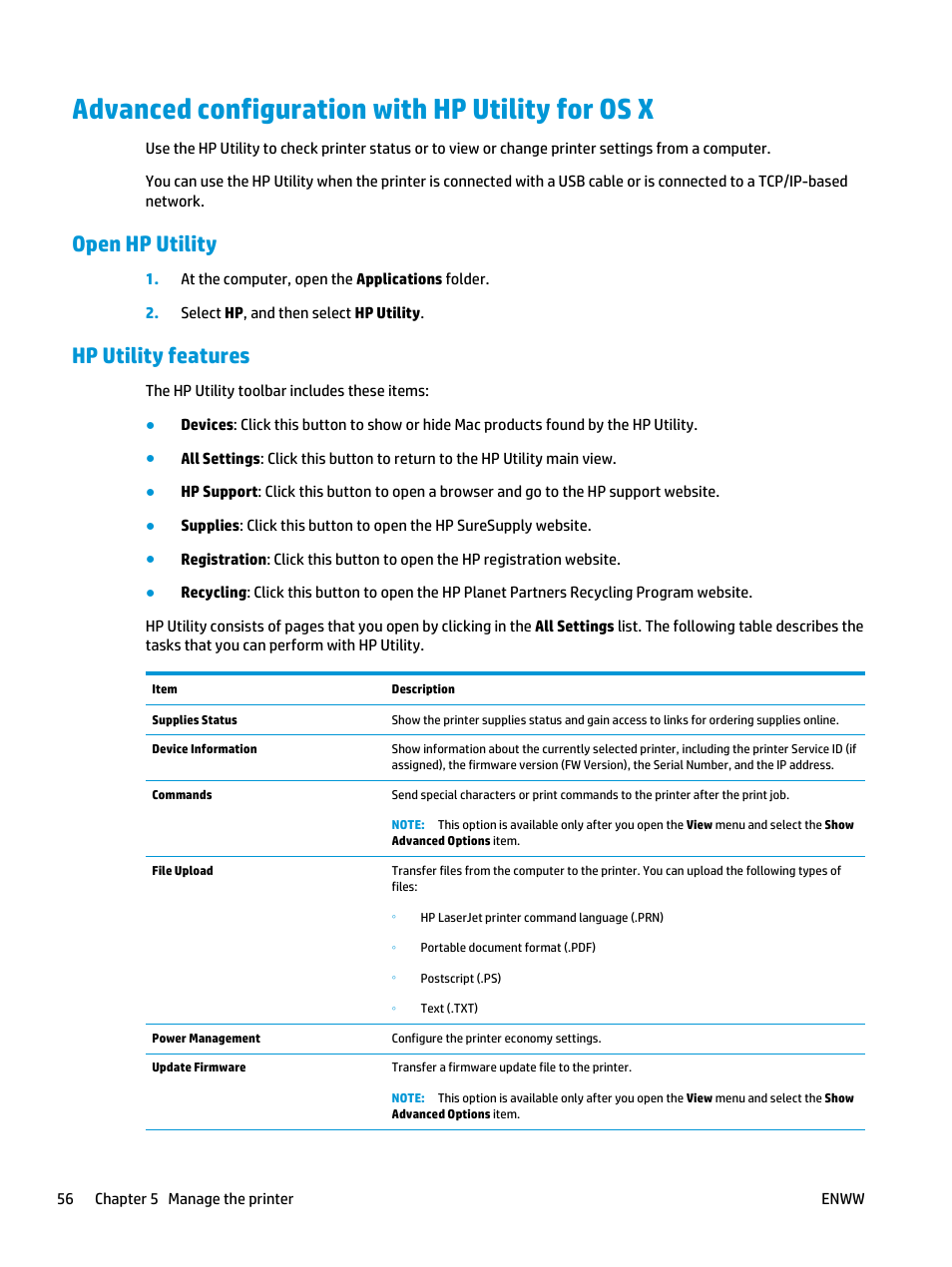 Advanced configuration with hp utility for os x, Open hp utility, Hp utility features | Open hp utility hp utility features | HP LaserJet Ultra M106w User Manual | Page 66 / 110