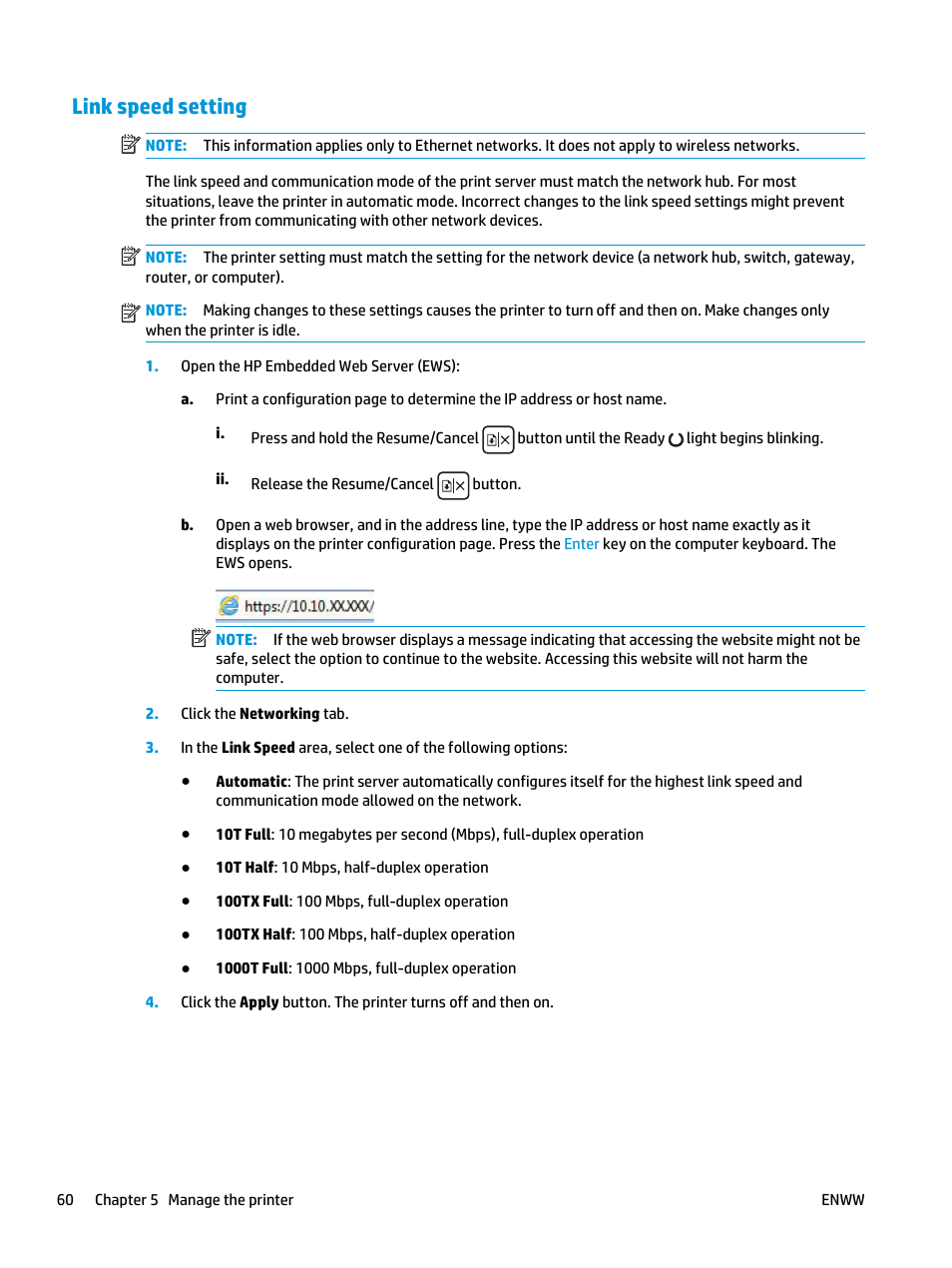 Link speed setting | HP LaserJet Ultra M106w User Manual | Page 70 / 110