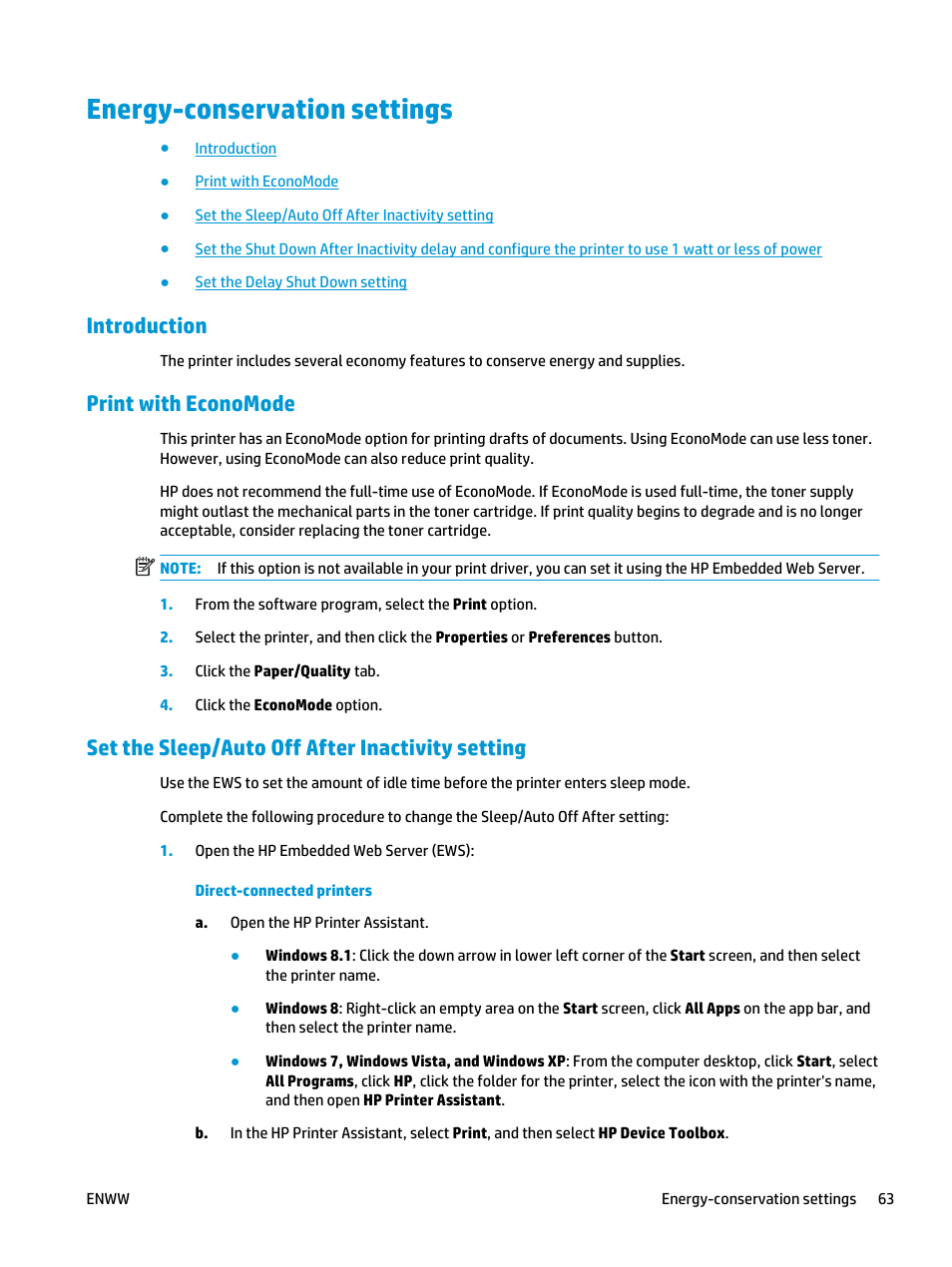 Energy-conservation settings, Introduction, Print with economode | Set the sleep/auto off after inactivity setting | HP LaserJet Ultra M106w User Manual | Page 73 / 110