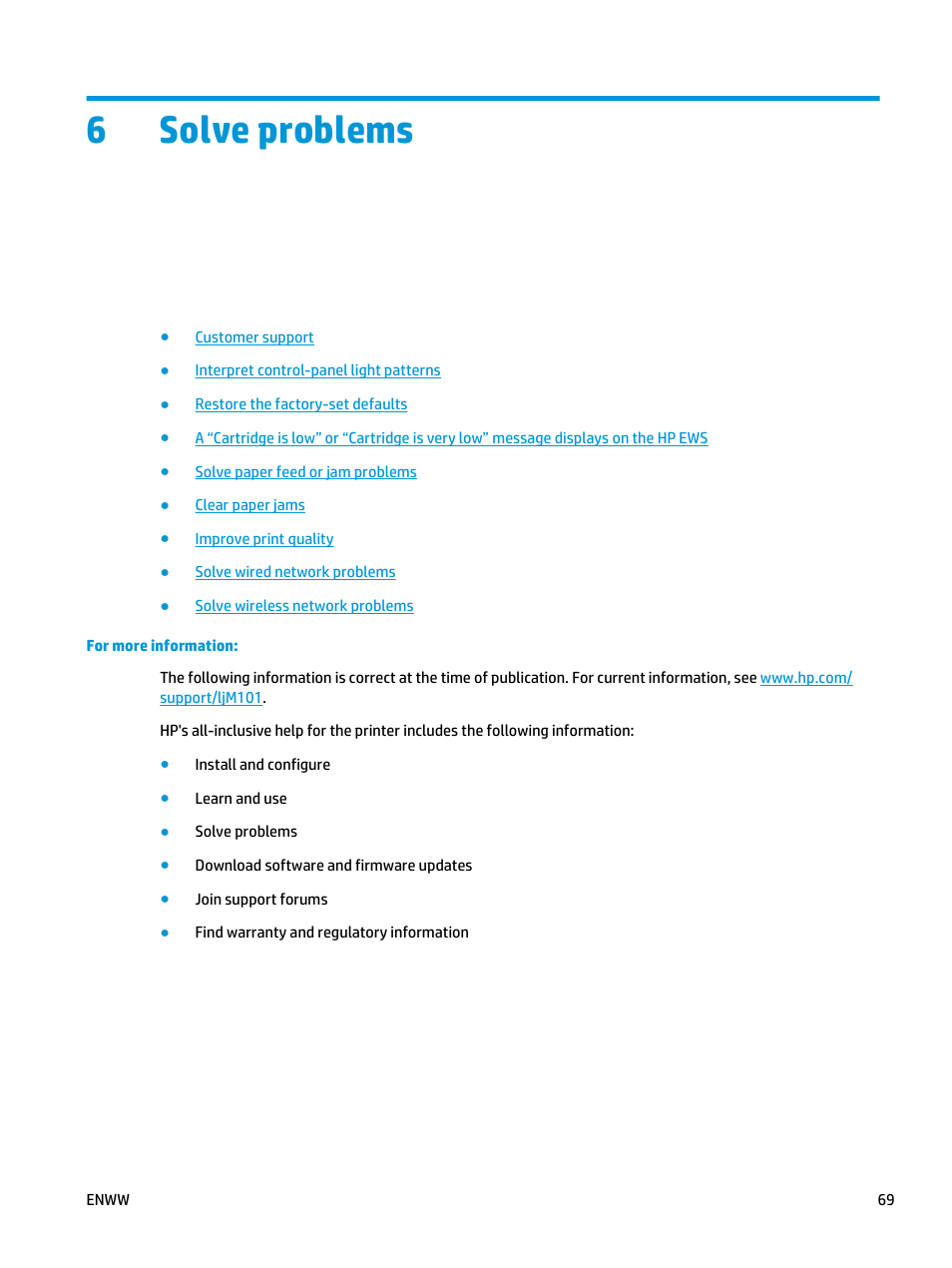 Solve problems, 6 solve problems, 6solve problems | HP LaserJet Ultra M106w User Manual | Page 79 / 110