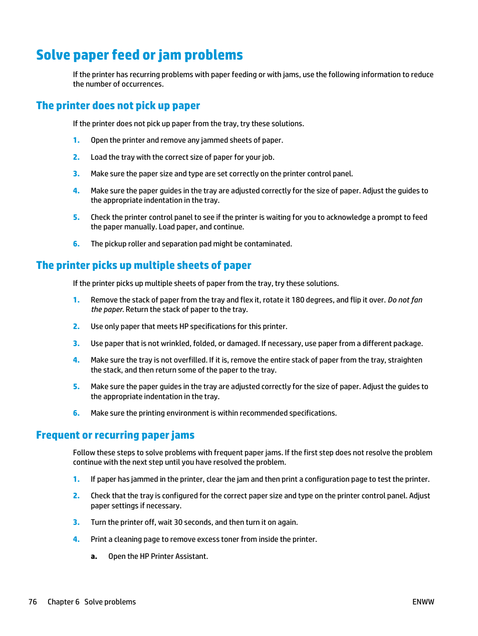 Solve paper feed or jam problems, The printer does not pick up paper, The printer picks up multiple sheets of paper | Frequent or recurring paper jams | HP LaserJet Ultra M106w User Manual | Page 86 / 110