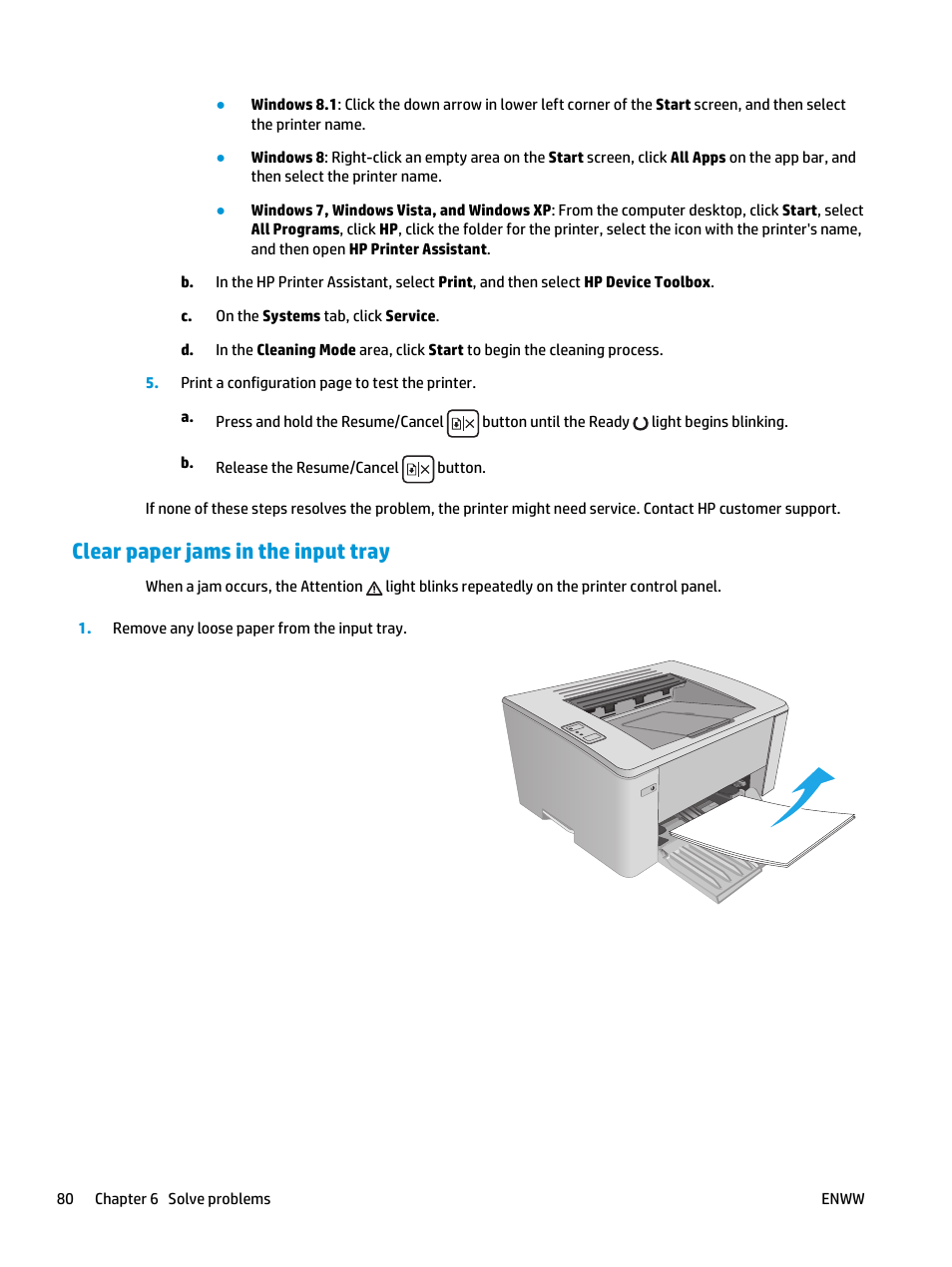 Clear paper jams in the input tray | HP LaserJet Ultra M106w User Manual | Page 90 / 110