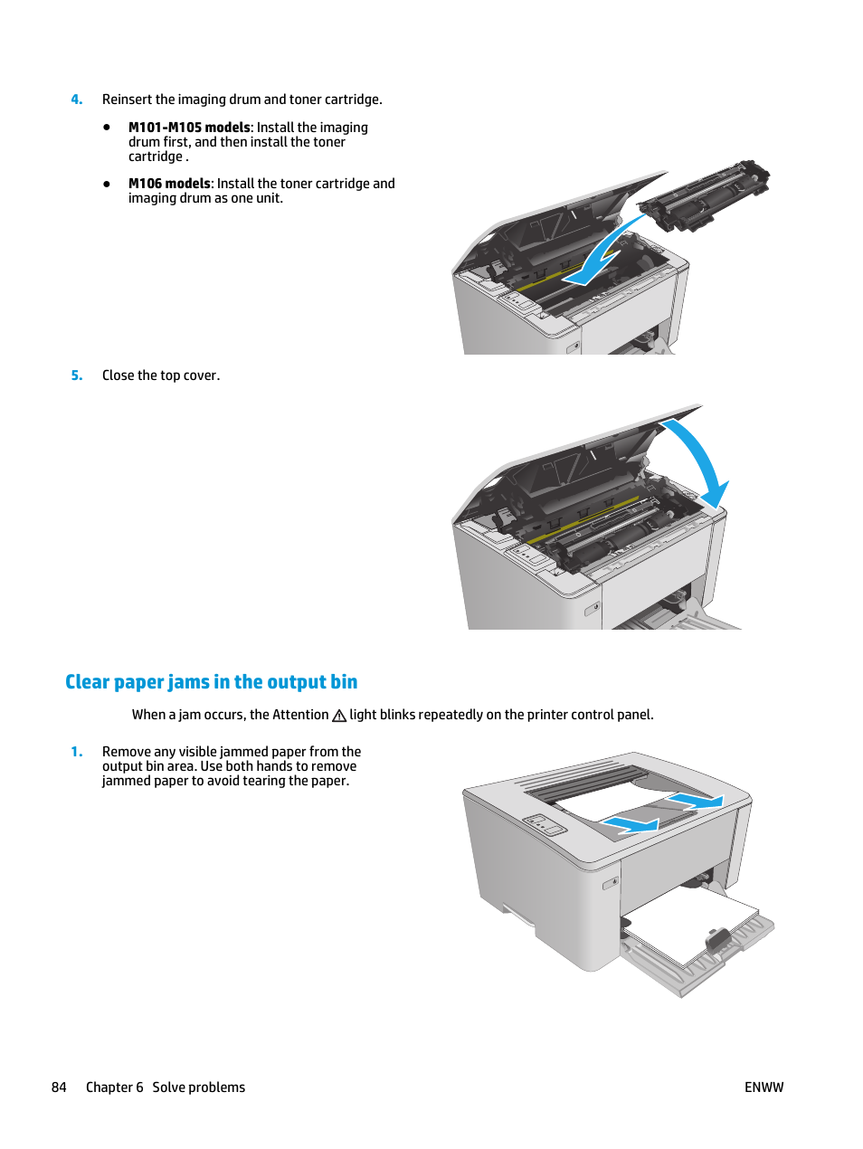 Clear paper jams in the output bin | HP LaserJet Ultra M106w User Manual | Page 94 / 110