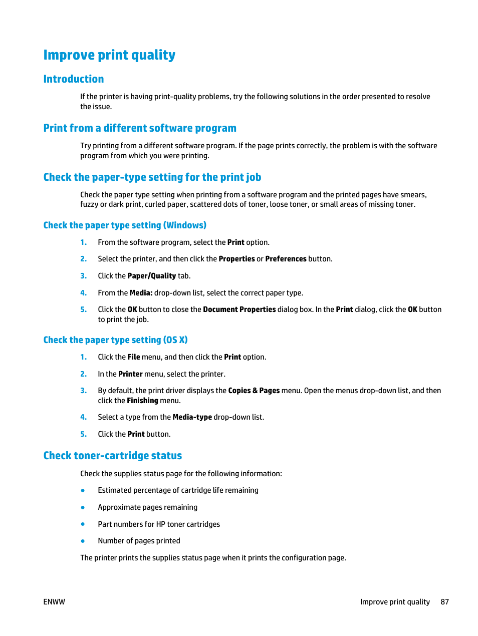 Improve print quality, Introduction, Print from a different software program | Check the paper-type setting for the print job, Check the paper type setting (windows), Check the paper type setting (os x), Check toner-cartridge status | HP LaserJet Ultra M106w User Manual | Page 97 / 110