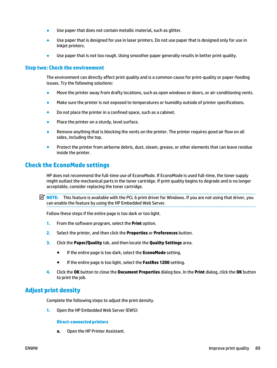 Step two: check the environment, Check the economode settings, Adjust print density | Check the economode settings adjust print density | HP LaserJet Ultra M106w User Manual | Page 99 / 110