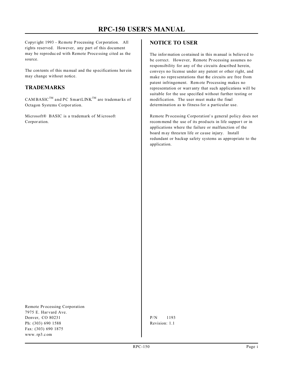 Remote Processing RPC-150 User Manual | 26 pages