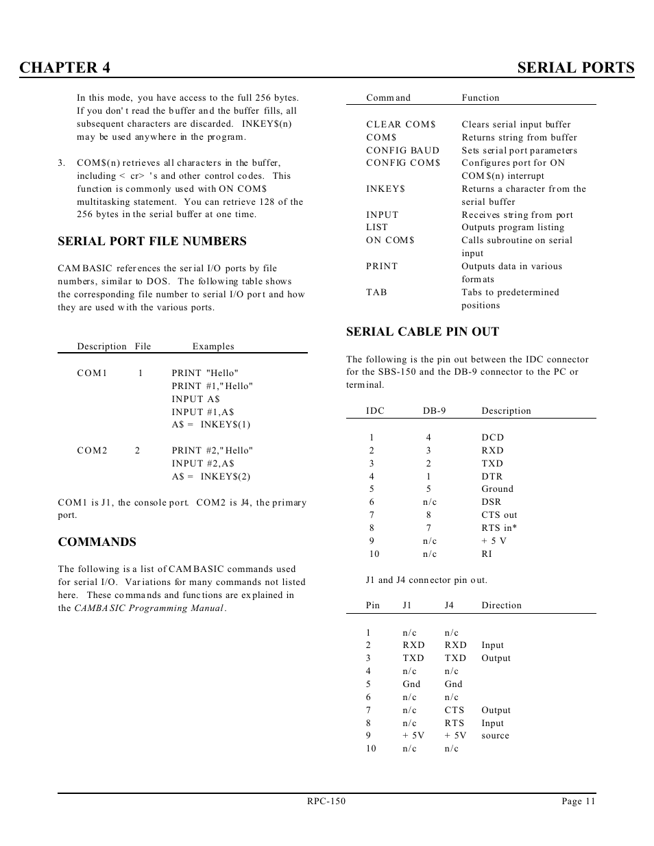 Chapter 4 serial ports, Serial port file numbers, Commands | Serial cable pin out | Remote Processing RPC-150 User Manual | Page 13 / 26