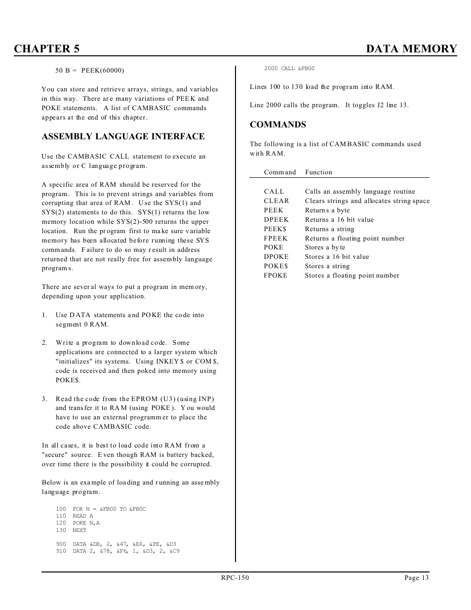 Assembly language interface, Commands | Remote Processing RPC-150 User Manual | Page 15 / 26