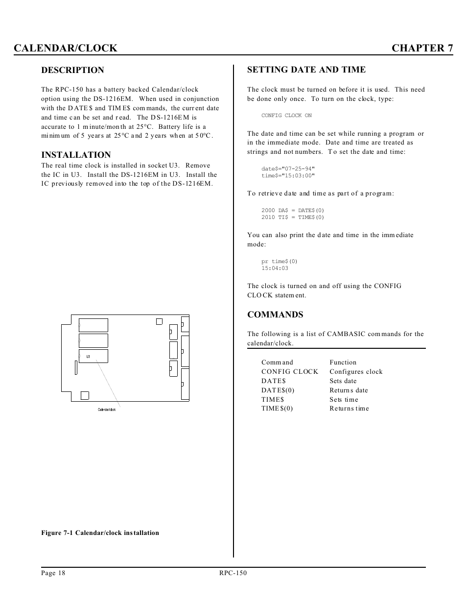 Calendar/clock chapter 7 | Remote Processing RPC-150 User Manual | Page 20 / 26