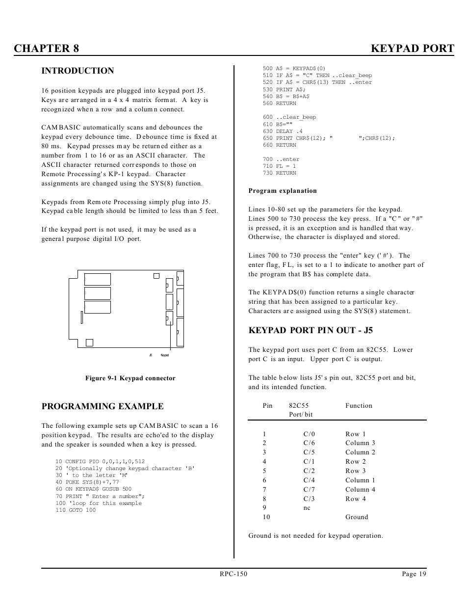 Chapter 8 keypad port, Introduction, Programming example | Keypad port pin out - j5 | Remote Processing RPC-150 User Manual | Page 21 / 26